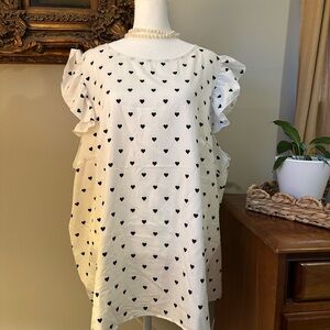 White Top with Black Heart Print and Ruffle Sleeves